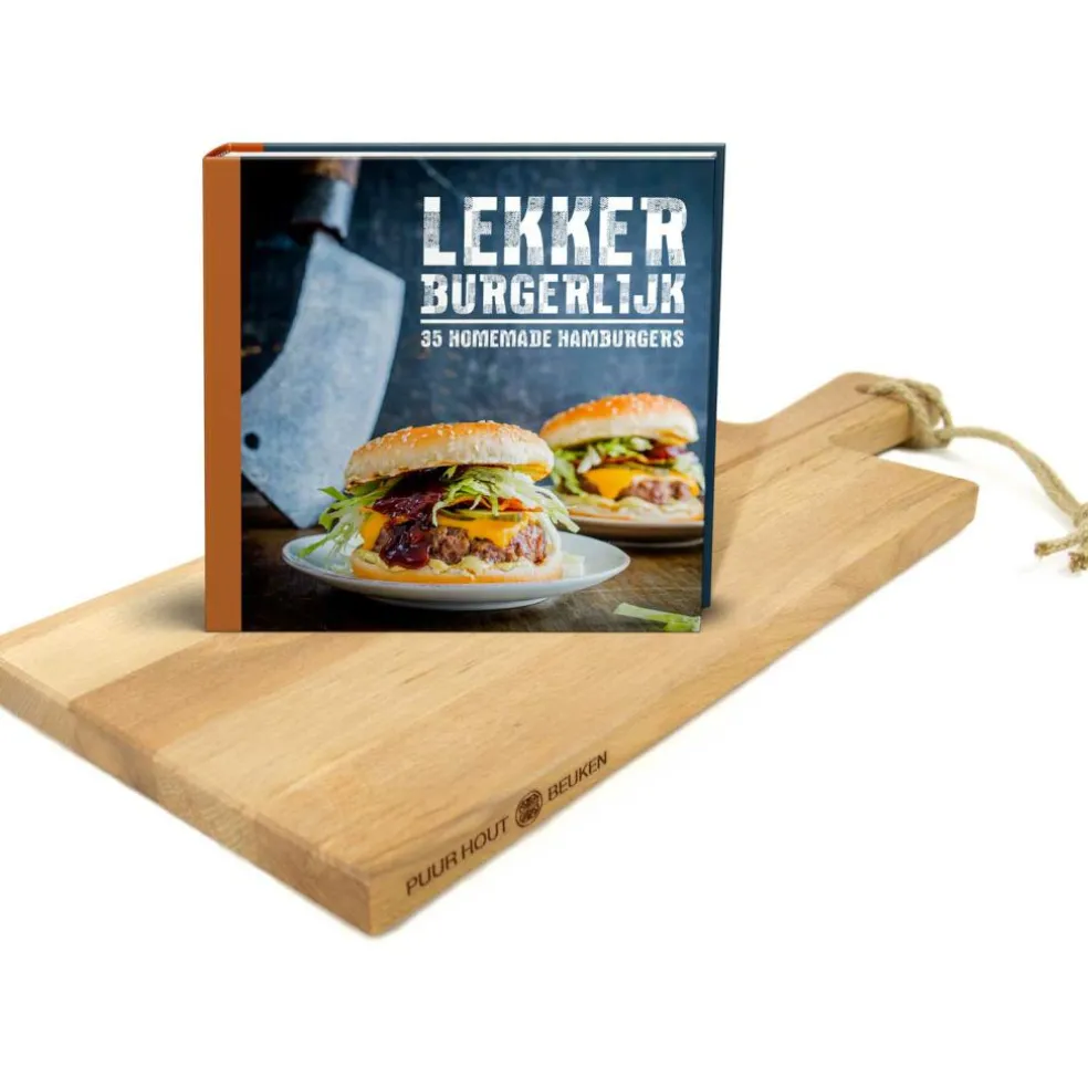 Bowls and Dishes Puur hout serveerplank 38 cm + Lekker Burgerlijk receptenboek