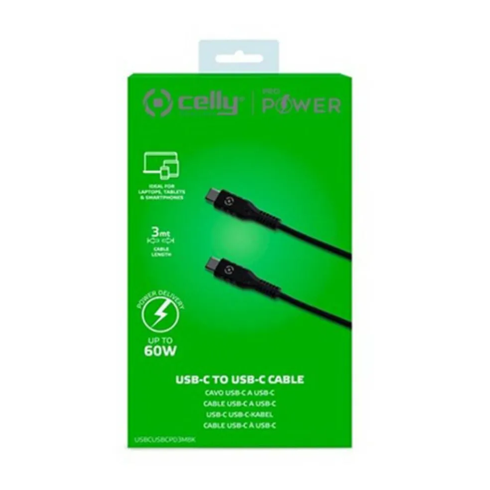 Celly USB C - USB C Power Delivery oplaadkabel 3 meter zwart