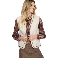 Geisha Teddy Embroidery vest dames off white tape dark brown zigzag